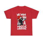 Funny Magpie Christmas  T-Shirt with Magpie Quote, Australian Christmas Themed Magpie Tee with Quote "We Wish You a Maggie Christmas"
