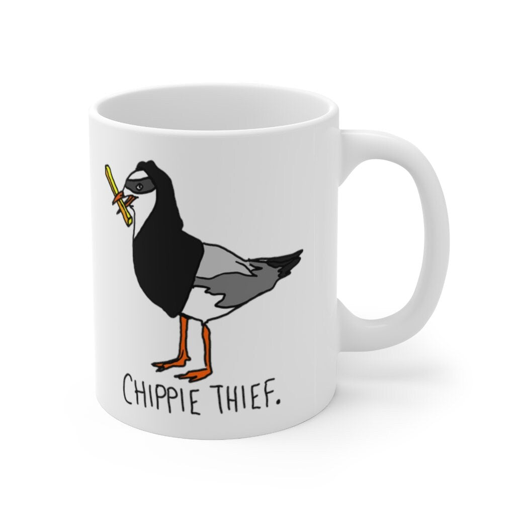 Funny Seagull Chippie Mug - Potato Chip Mug of an Australian Seagull - Funny Seagull Mug for Chippy Lovers - Chippie Thief Mug