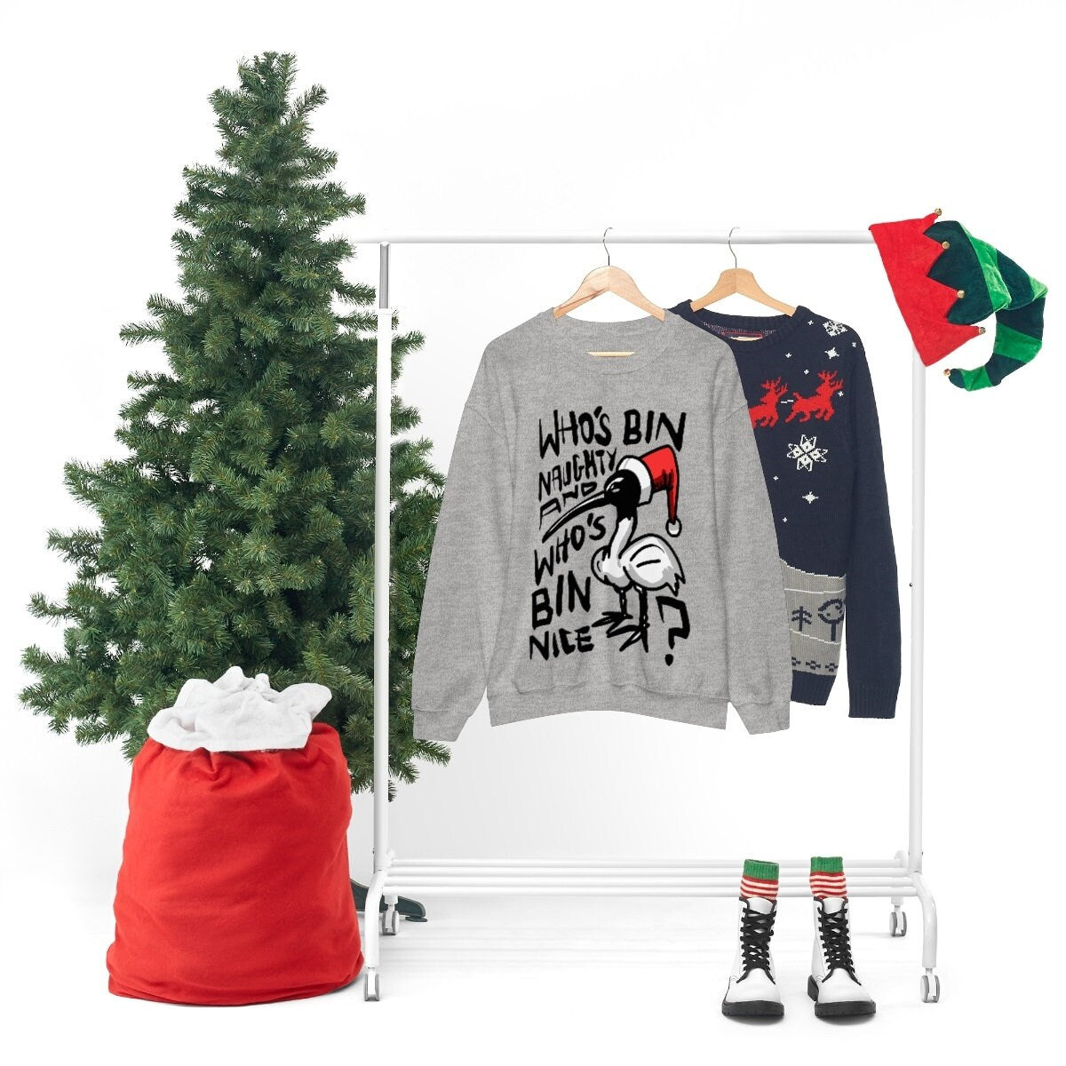 Christmas Bin Chicken Sweatshirt - Australian Bin Chicken Christmas Themed Jumper with quote "Who's Bin Naughty and Who's Bin Nice?"