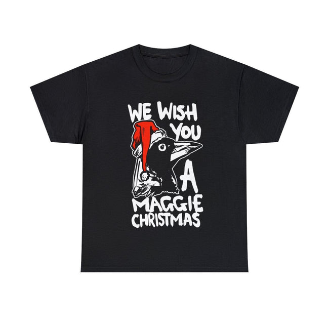 Funny Magpie Christmas  T-Shirt with Magpie Quote, Australian Christmas Themed Magpie Tee with Quote "We Wish You a Maggie Christmas" Hover Image