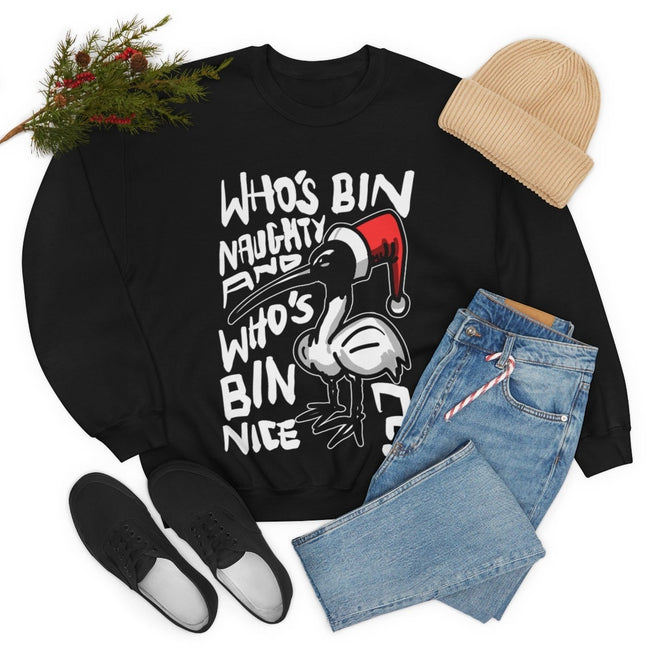 Christmas Bin Chicken Sweatshirt - Australian Bin Chicken Christmas Themed Jumper with quote "Who's Bin Naughty and Who's Bin Nice?" Main Image