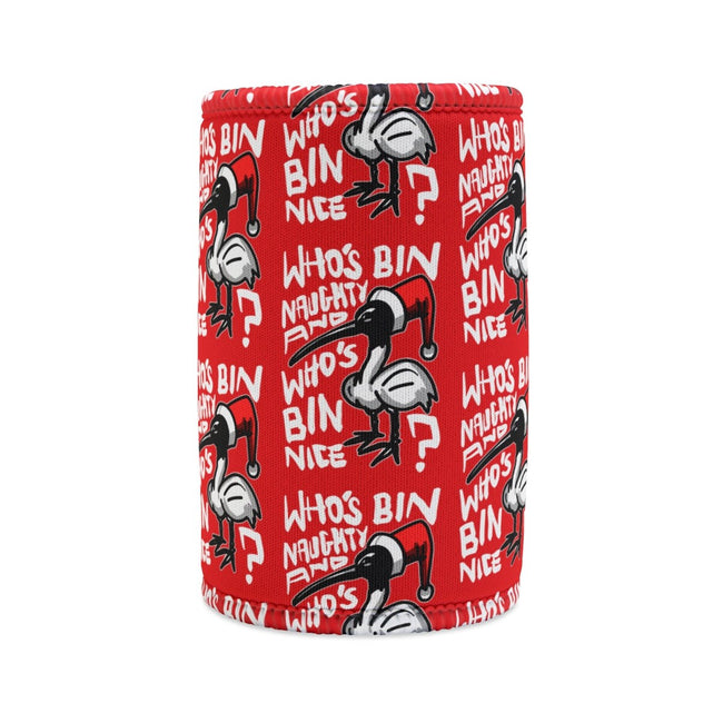 Christmas Bin Chicken Stubby Cooler, Australian Bin Chicken Christmas Themed Stubby Holder! Stubby Cooler with Aussie Ibis bird! Hover Image