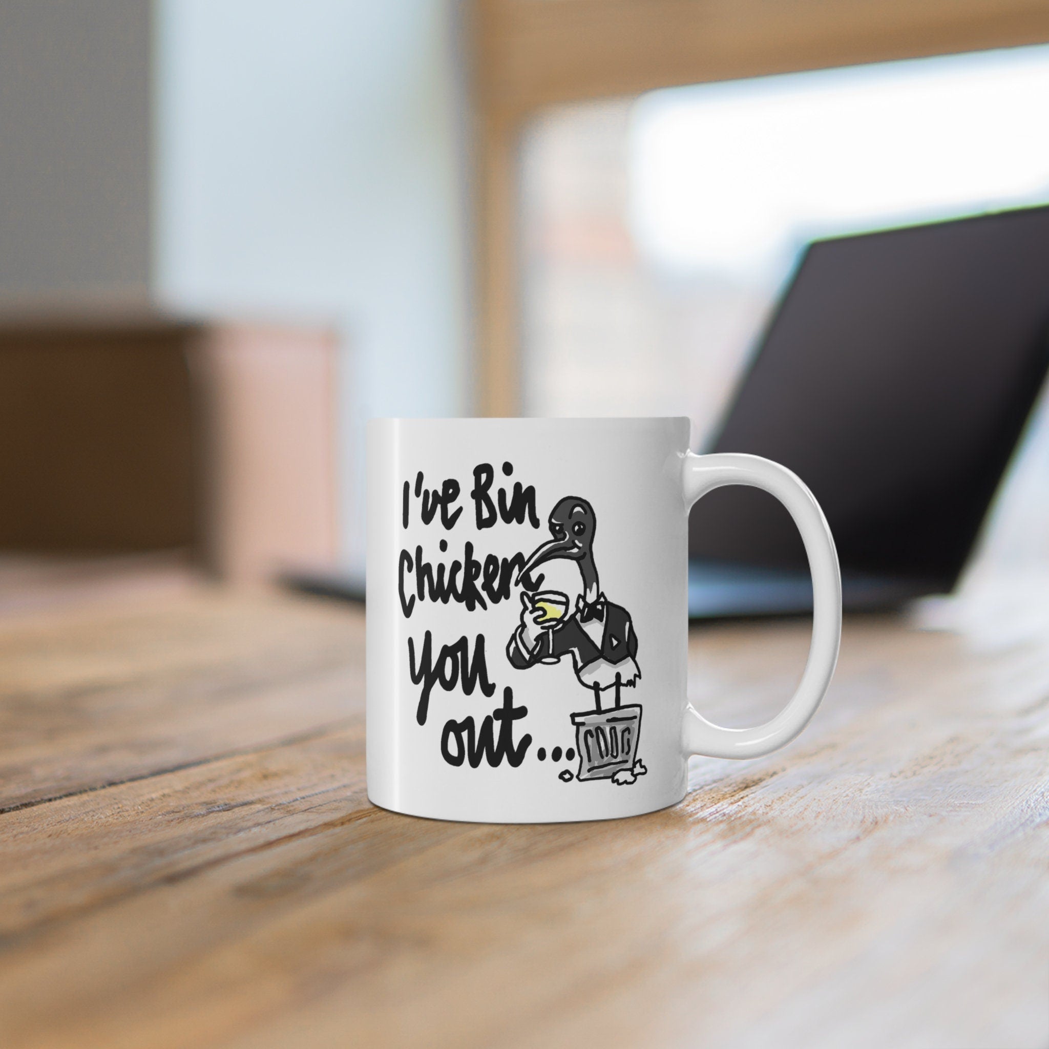 Valentine's Day Bin Chicken Mug - Australian Bin Chicken Mug with quote "I've Bin Chicken You Out" - Aussie Ibis bird and garbage bin!