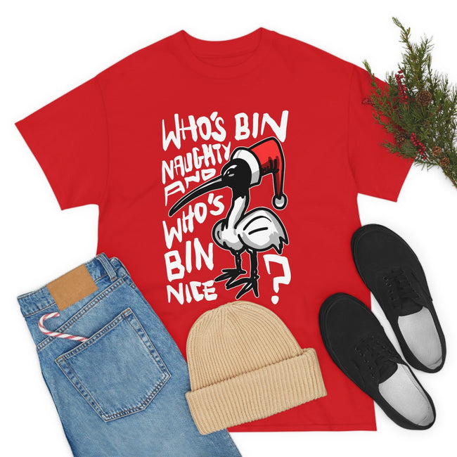 Bin Chicken Christmas  T Shirt - Australian Christmas Bin Chicken Themed Tee with quote "Who's Bin Naughty" featuring an Aussie Ibis bird! Main Image