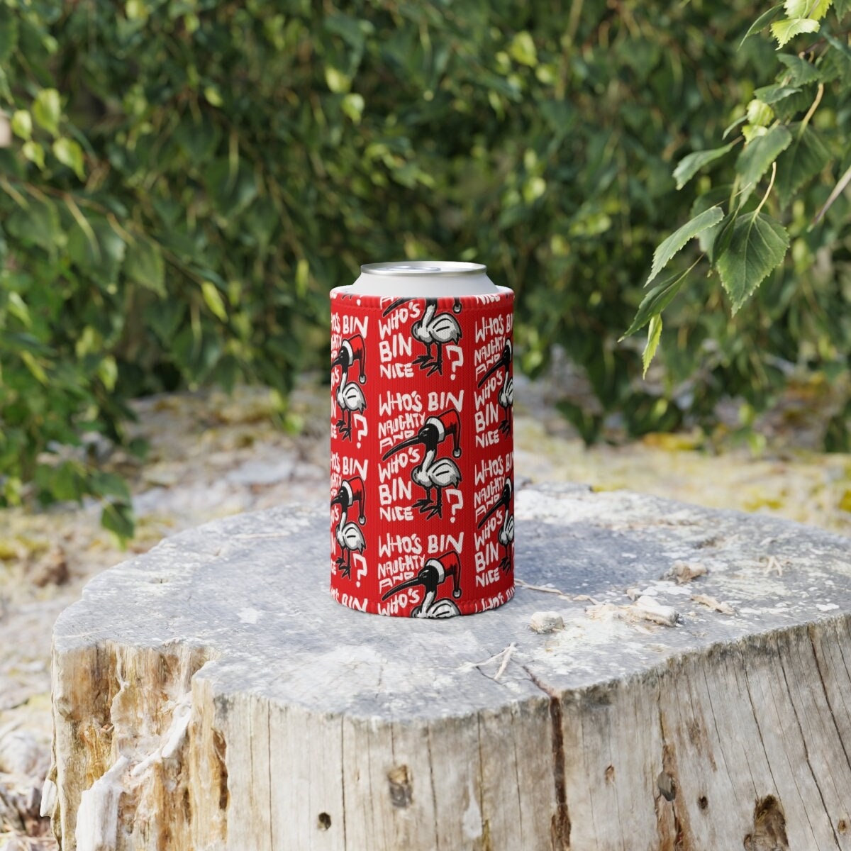 Christmas Bin Chicken Stubby Cooler, Australian Bin Chicken Christmas Themed Stubby Holder! Stubby Cooler with Aussie Ibis bird!
